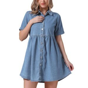 Babydoll Tiered Short Sleeve Button Down Jean Shirt Dresses Light Blue
